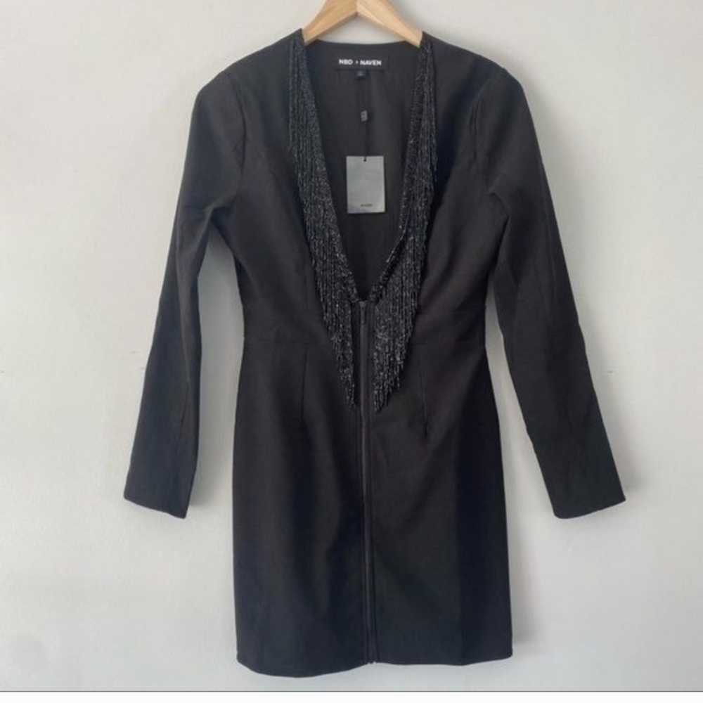 NBD x NAVEN Millie Beaded Deep V Long Sleeves Mini Dress in Black Sz S - Picture 6 of 11